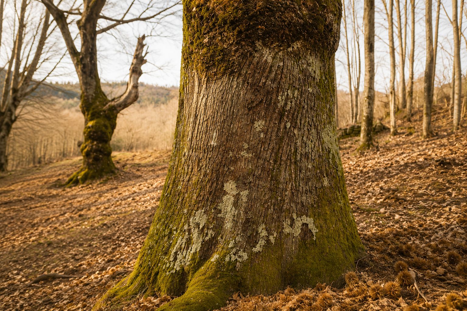 tronco e radici di un castagno in autunno
